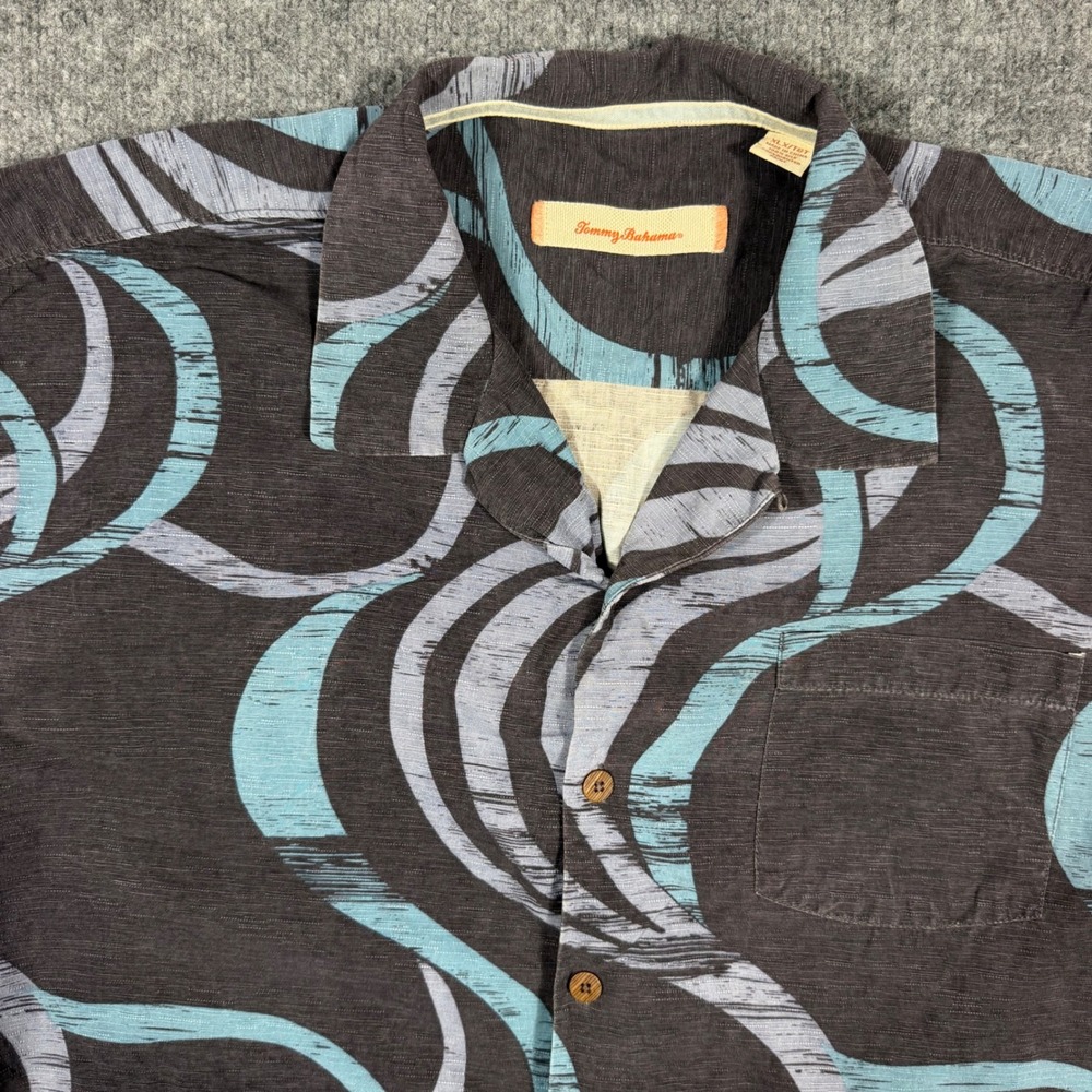Tommy Bahama Silk Shirt Abstract Swirl XL Black Blue 100% Silk GUC
